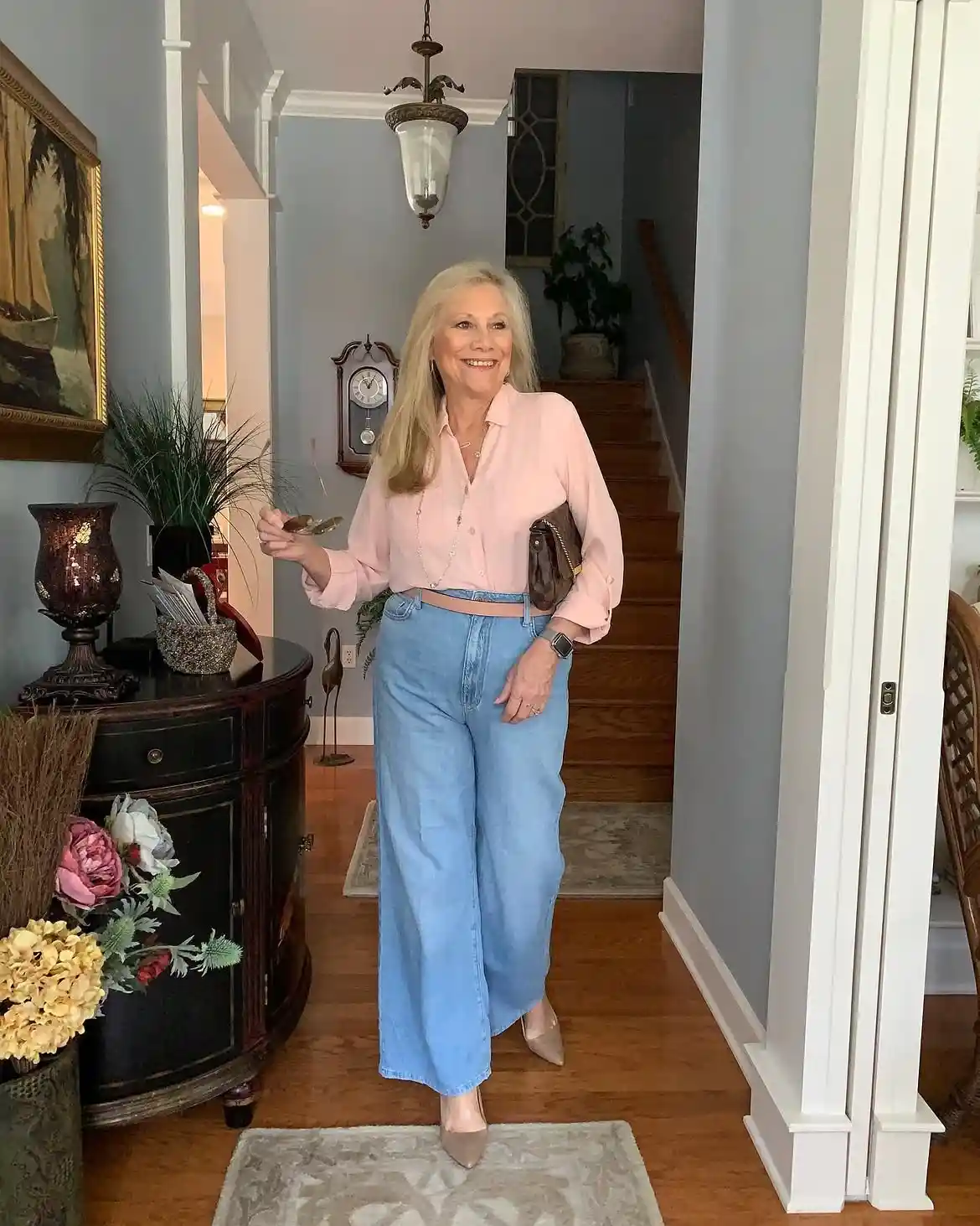 Modern Style: 20 Fall Outfits for Women Over 50 5 4. Pink Blouse with Wide Leg Denim