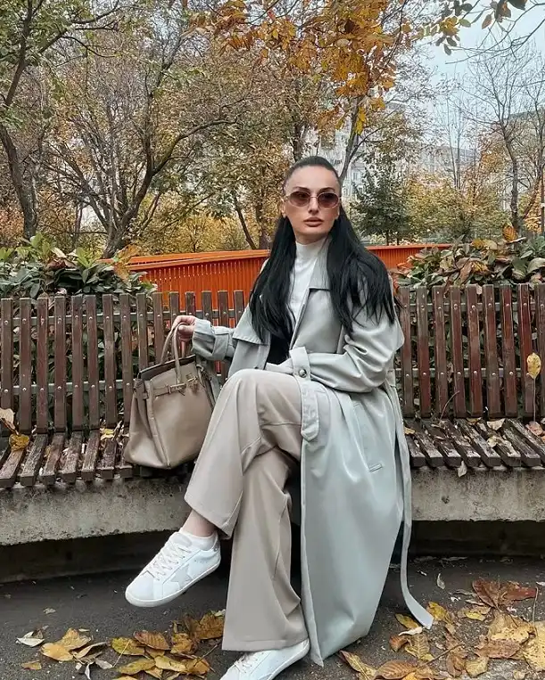 Sage Trench Coat With Wide Leg Trousers and White Sneakers