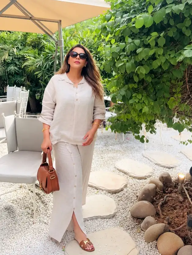 Oatmeal Linen Shirt and Button Front Maxi Skirt