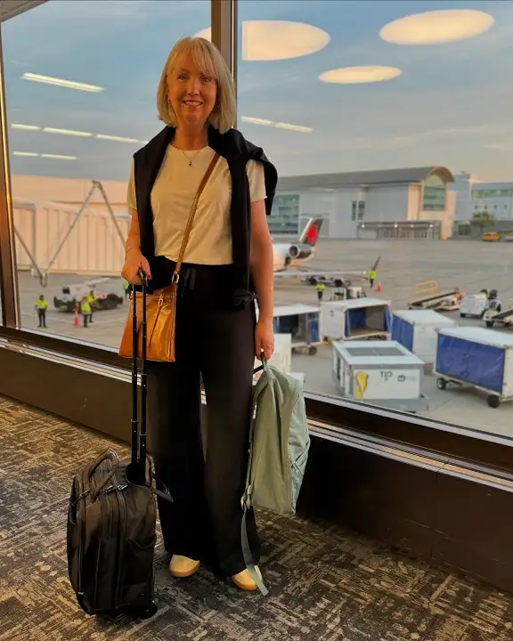 White Tee and Wide Leg Knit Pants for the Flight