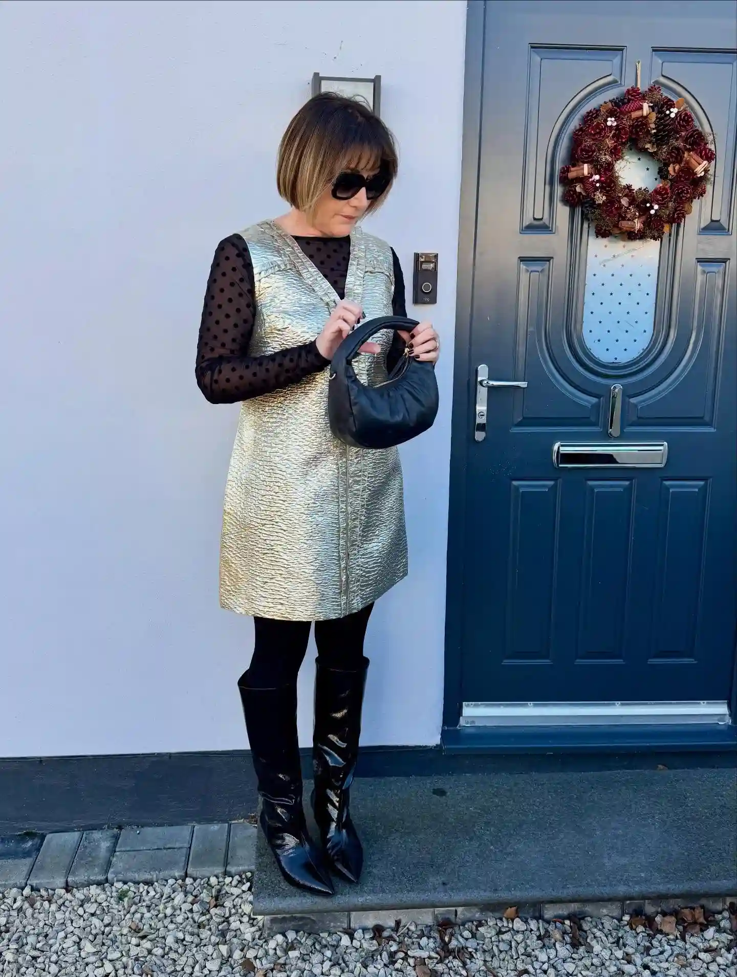 14 Knee-High Boot Outfits Over 40 13 12. A Metallic Shift Dress Worn with Patent Boots