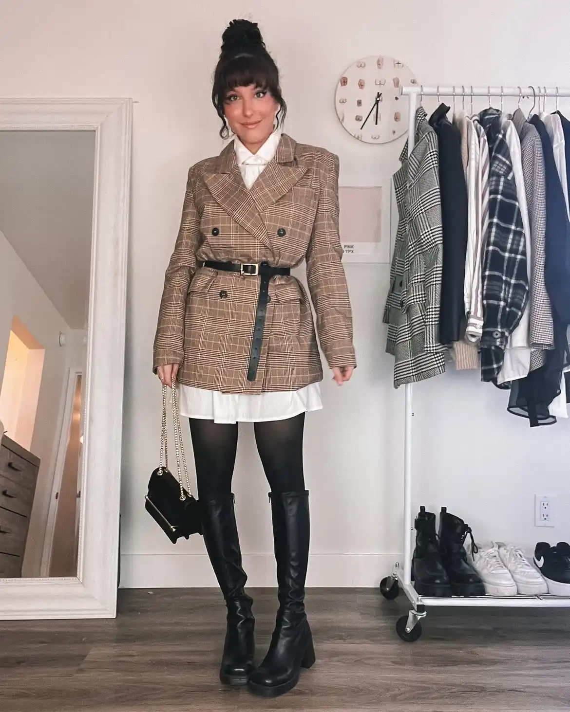 14 Knee-High Boot Outfits Over 40 8 7. A Belted Plaid Blazer Paired with Tall Boots