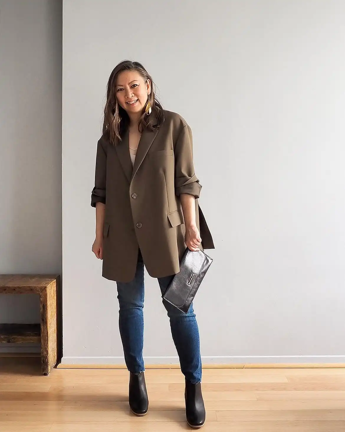 7. Olive Blazer with Skinny Jeans and Ankle Booties
