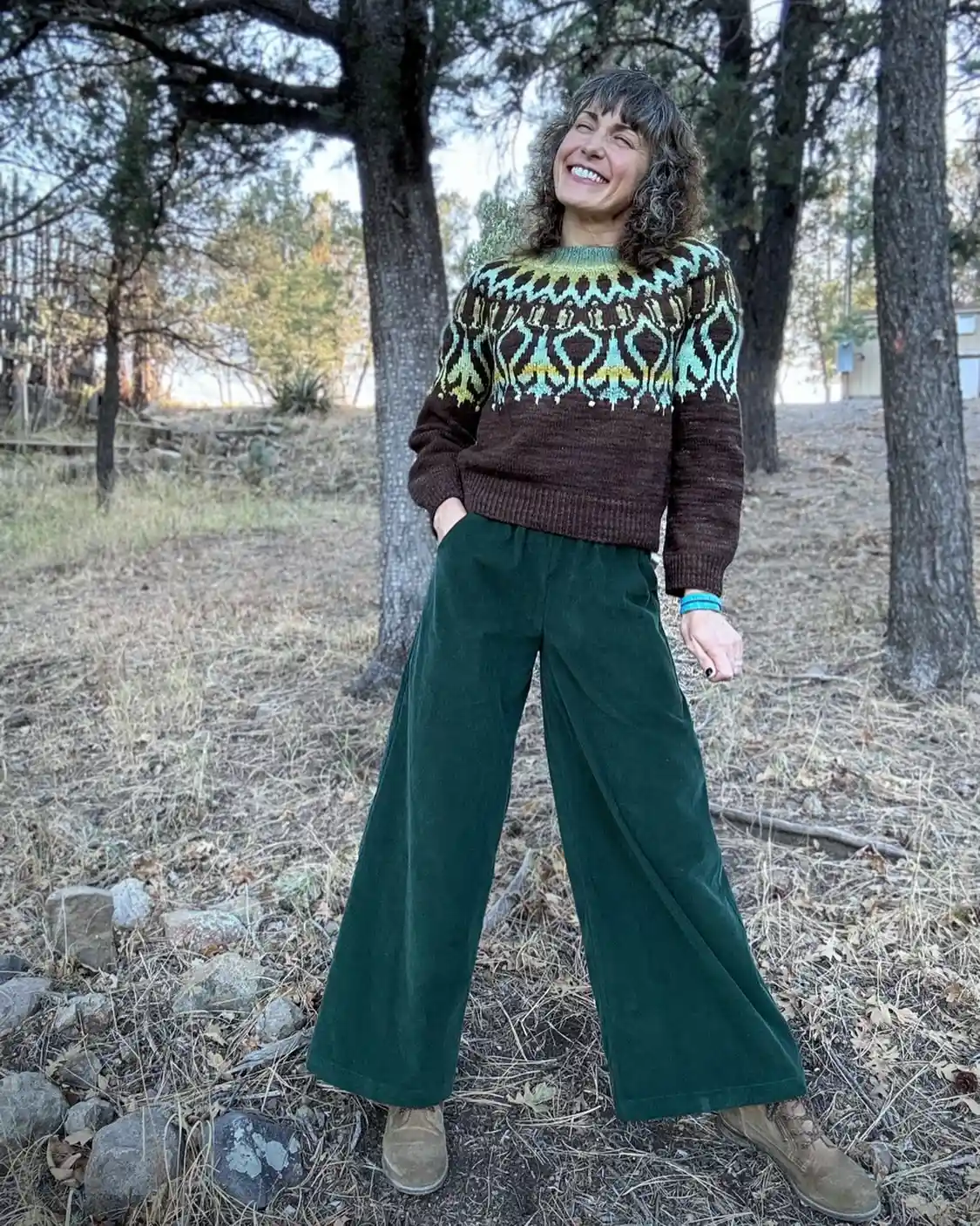 16 Corduroy Outfits for Women Over 40 4 3. Fair Isle Sweater and Wide Leg Green Corduroy Pants