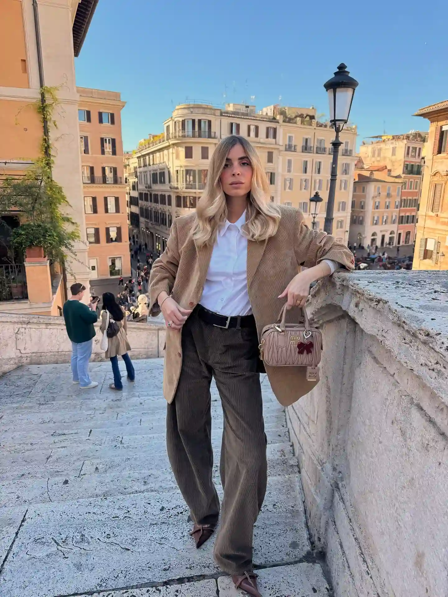 16 Corduroy Outfits for Women Over 40 7 6. Camel Corduroy Blazer with White Collared Shirt