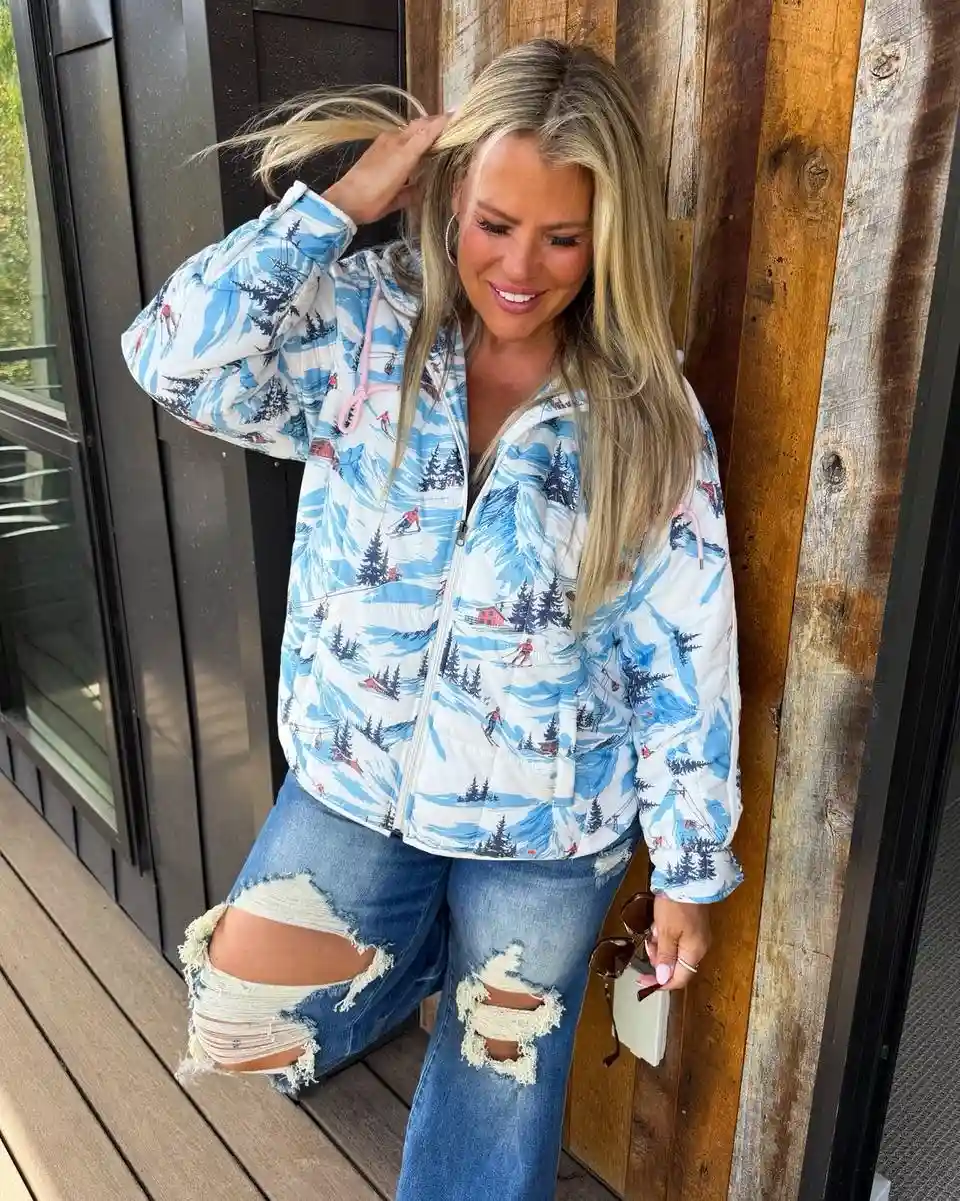 5. Ski Print Quilted Jacket With Distressed Wide Leg Jeans