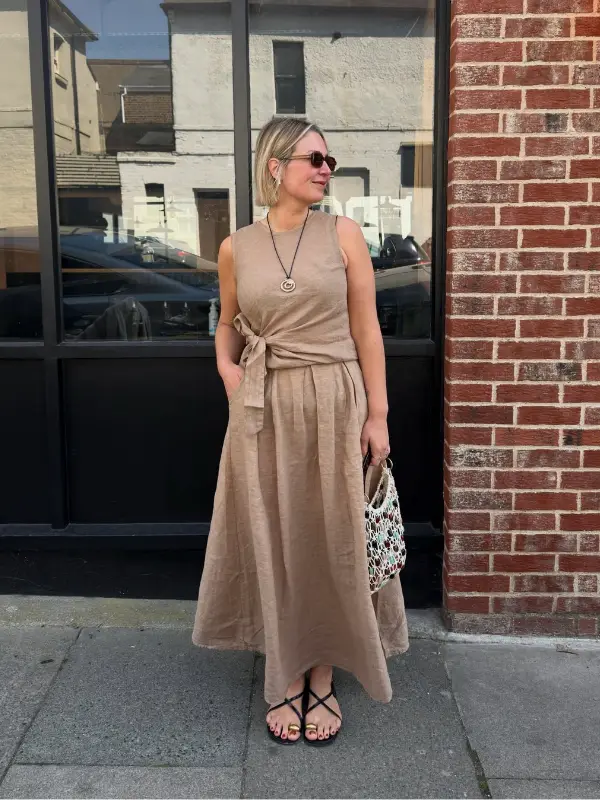 17 Fall Wedding Guest Dresses Over 40 That Look Expensive 18 17. Sand Linen Two Piece With a Wrap Tie