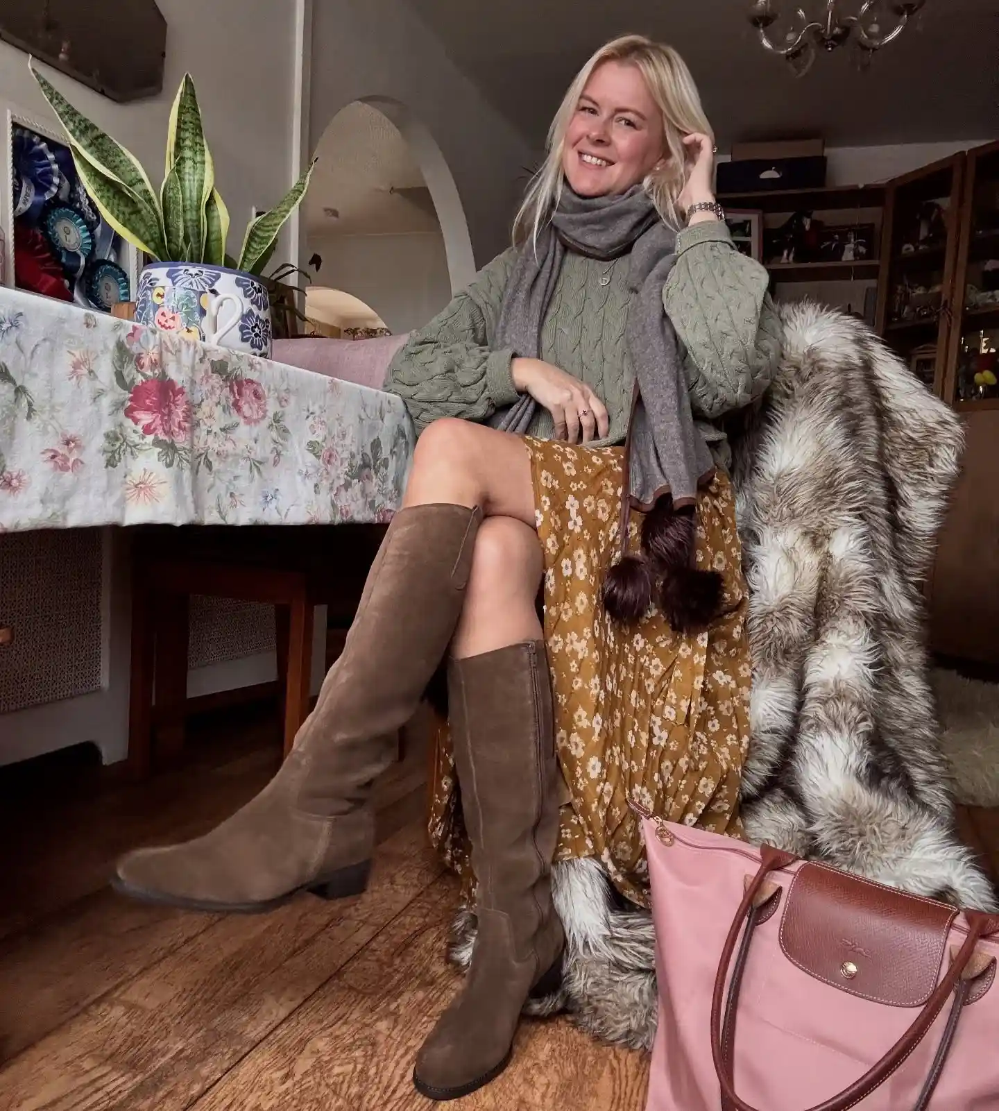 20 Ankle Boot Outfits for Women Over 40 10 9. Floral Skirt with Taupe Suede Boots