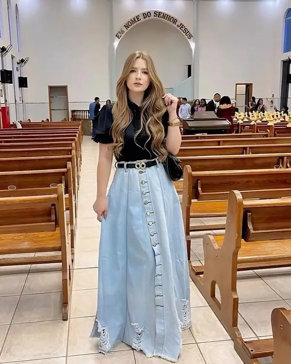 Black Puff Sleeve Blouse With a Button Front Denim Maxi Skirt