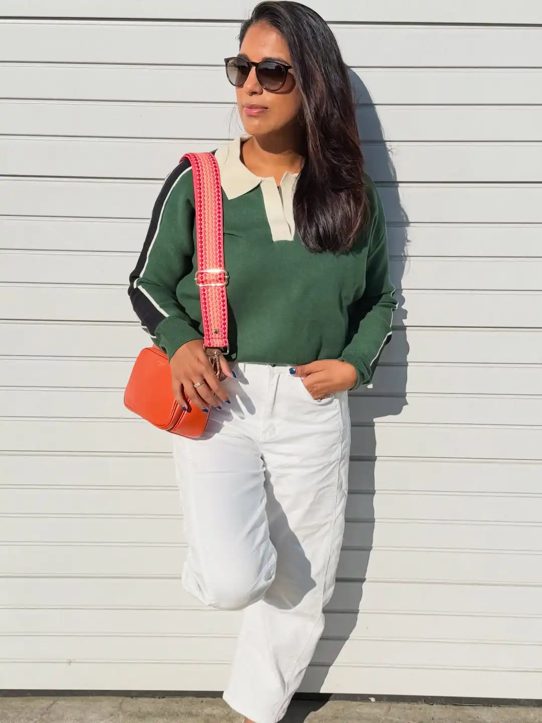  Green Knit Polo with Relaxed White Jeans