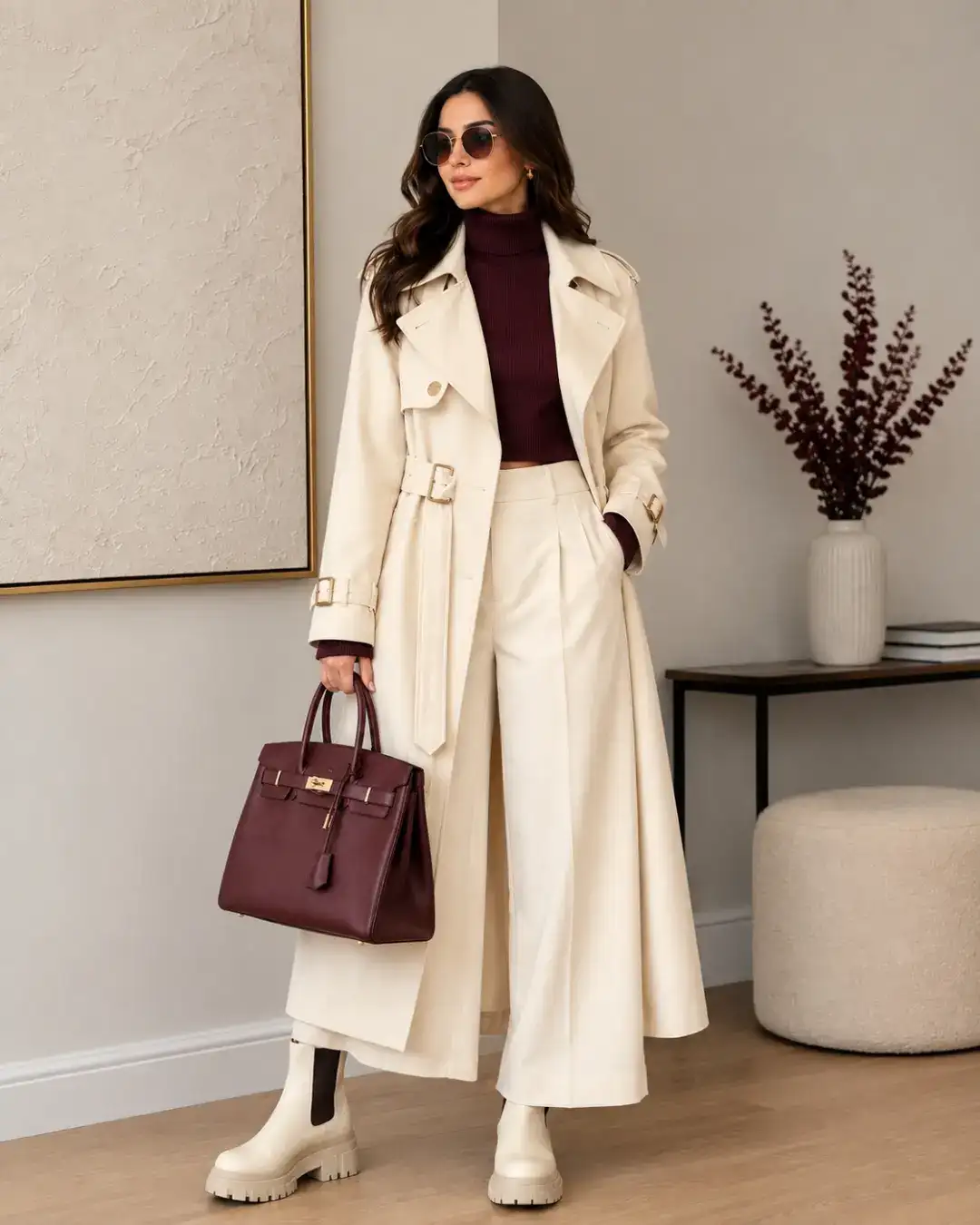 20 Quiet Luxury Outfits for Women Over 40 (Old Money Style, Real-Life Ready) 19 Cream Trench With a Burgundy Turtleneck and Matching Bag