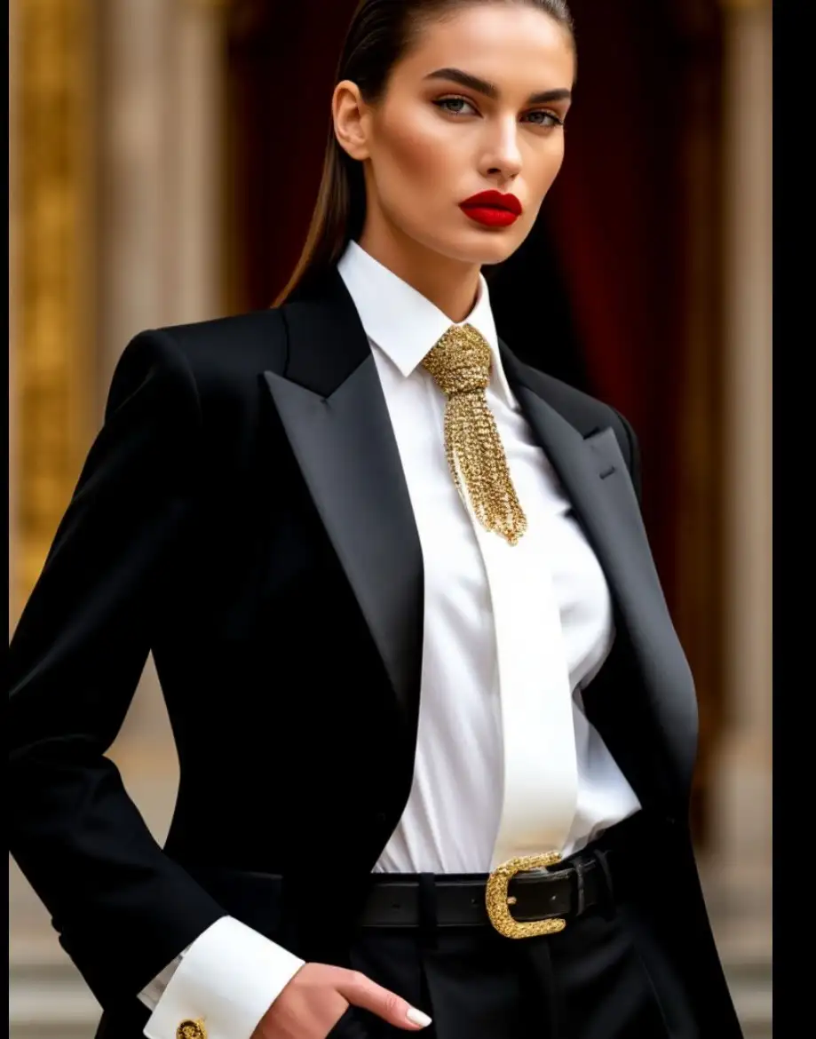 20 Quiet Luxury Outfits for Women Over 40 (Old Money Style, Real-Life Ready) 18 Black Tuxedo Blazer With a White Shirt and Gold Accents