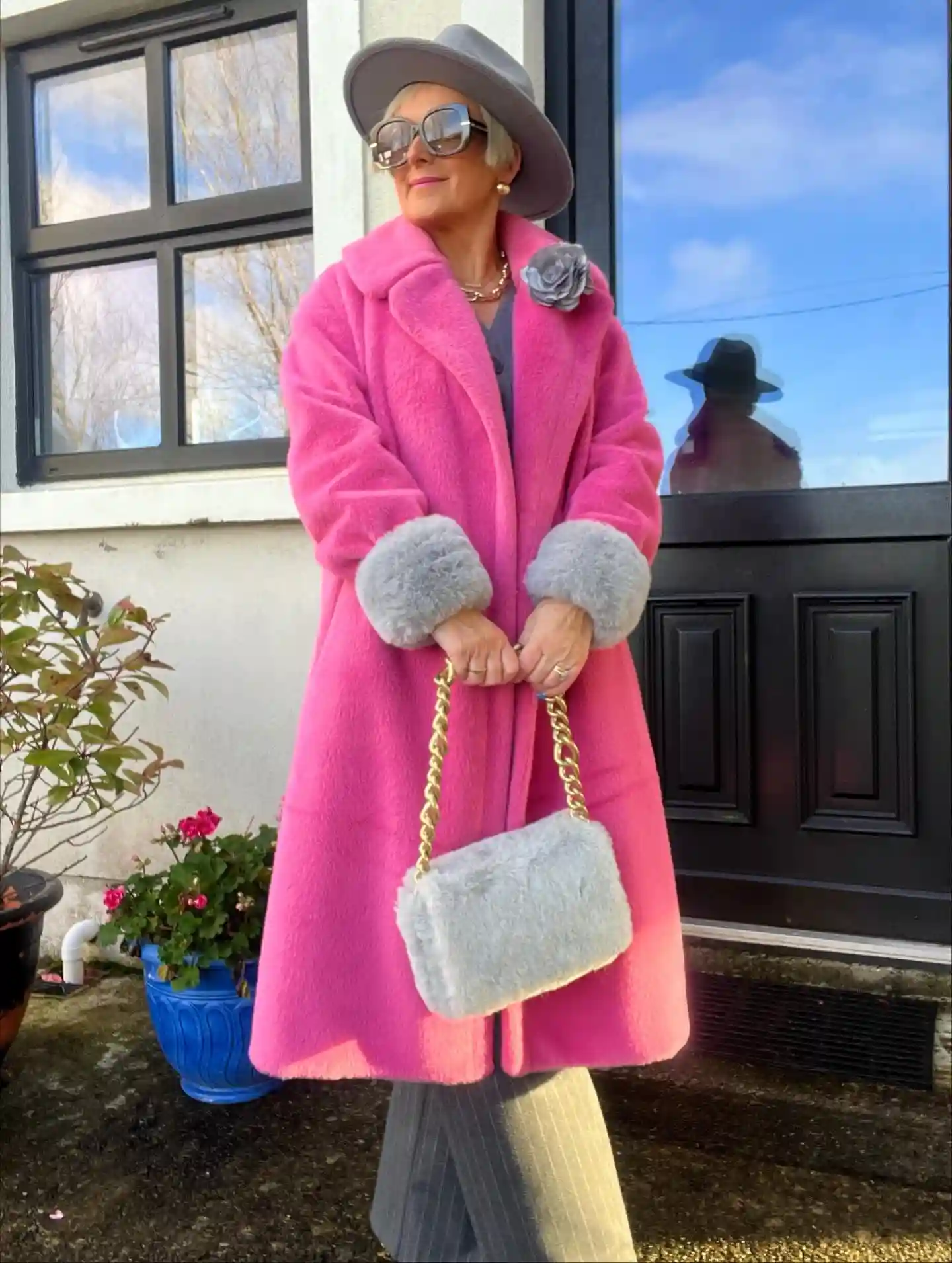 16. Bright Pink Teddy Coat with Grey Fur Cuffs