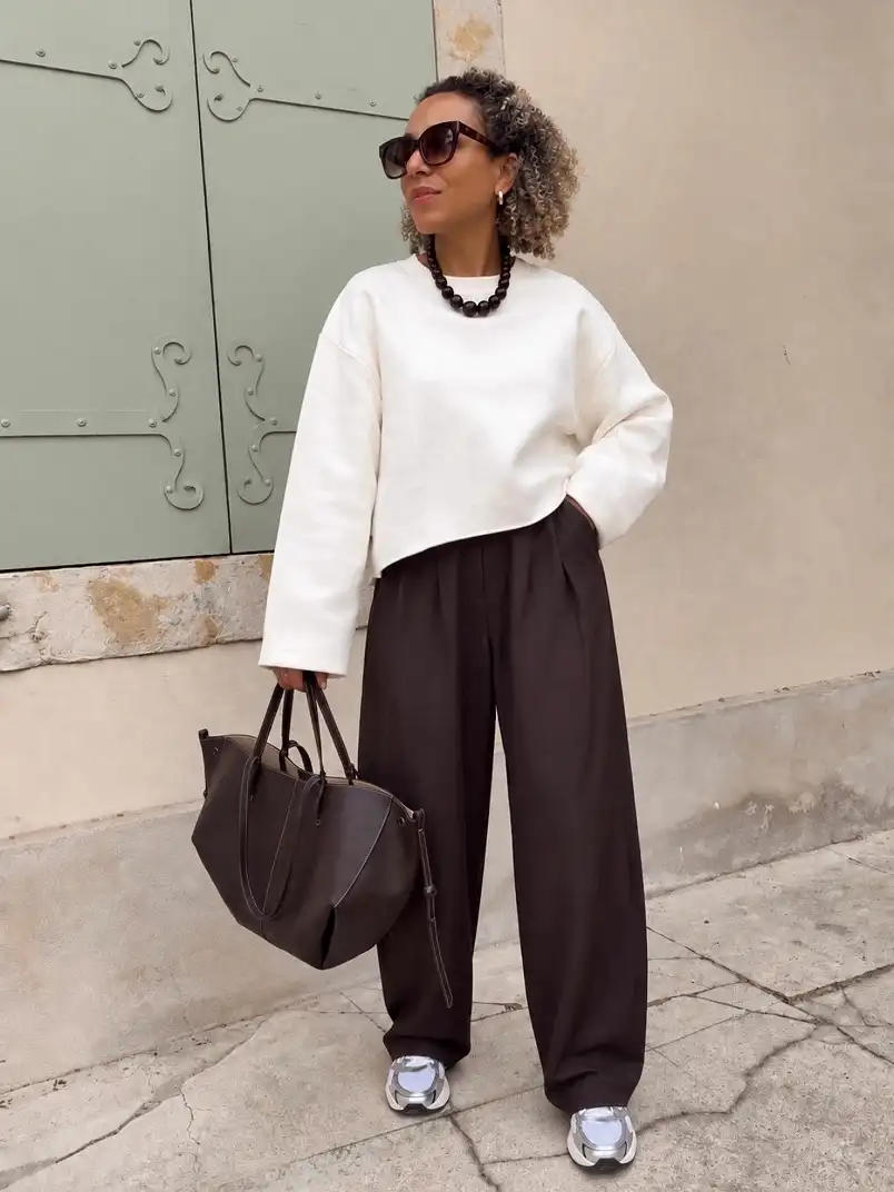 Cream Cropped Sweatshirt with Chocolate Pleated Trousers