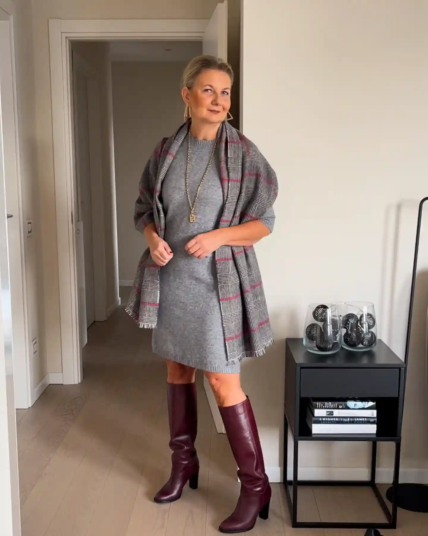 15. Grey Knit Dress with a Plaid Shawl and Burgundy Boots