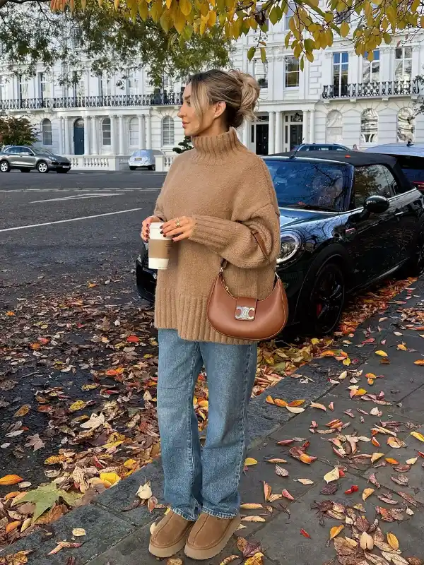 15 Fall Transitional Outfits for Women Over 40 (Summer-to-Fall) 2 1. Camel Oversized Turtleneck With Light Wash Jeans