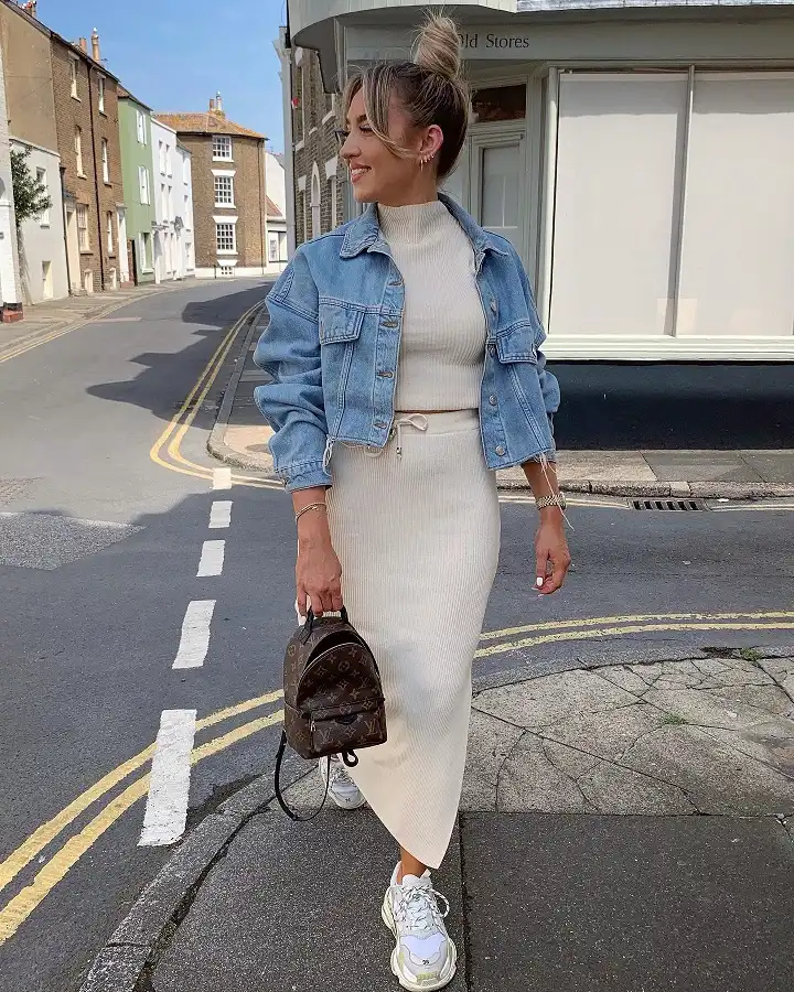 Ribbed Knit Midi Set With a Cropped Denim Jacket