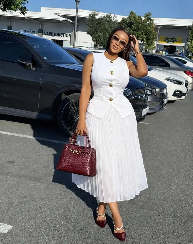 White Button Vest and Pleated Midi Skirt Set