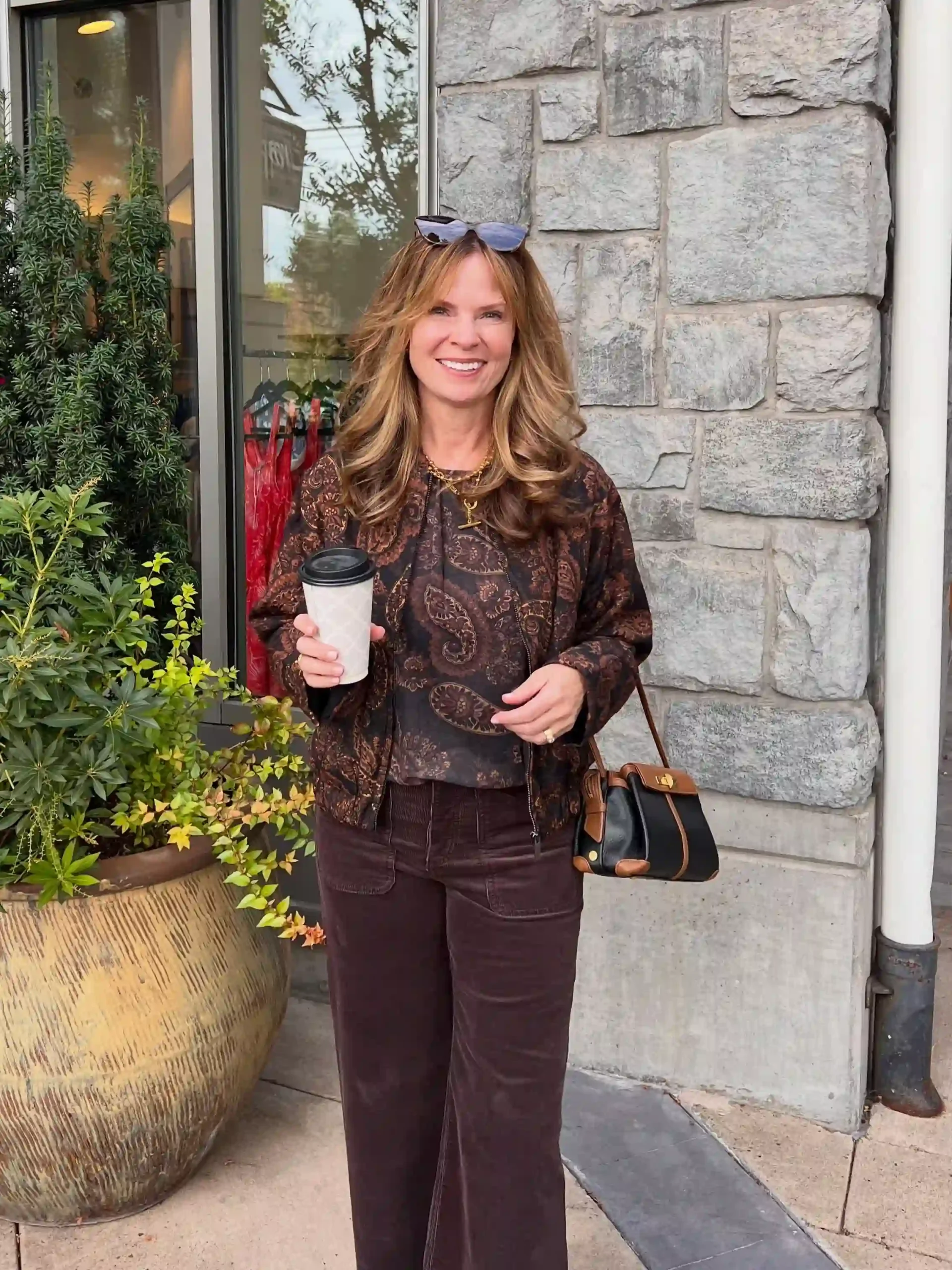 16 Corduroy Outfits for Women Over 40 14 13. Paisley Print Jacket and Dark Brown Corduroy Pants