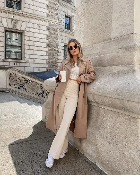 Tonal Trench With Cream Wide Leg Trousers