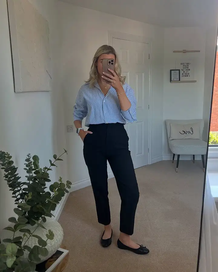 18 Spring Work Outfits for Women Over 40 That Feel Fresh, Not Fussy 5 Striped Shirt and Black Tapered Trousers