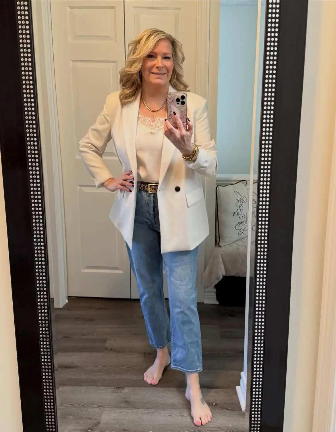 Modern Style: 20 Fall Outfits for Women Over 50 4 3. Cream Blazer with Straight Leg Jeans