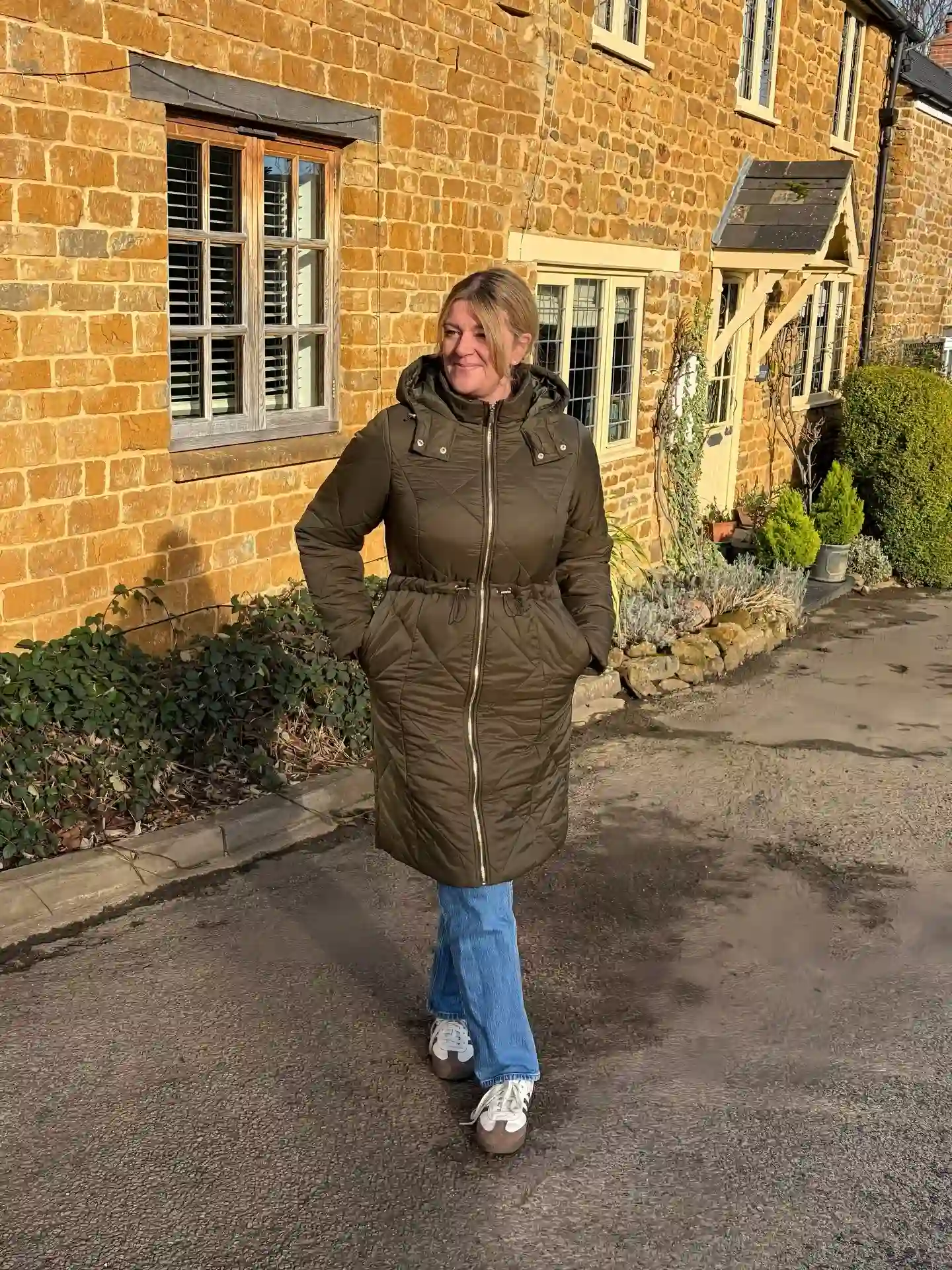 6. Olive Quilted Puffer with Wide Leg Jeans