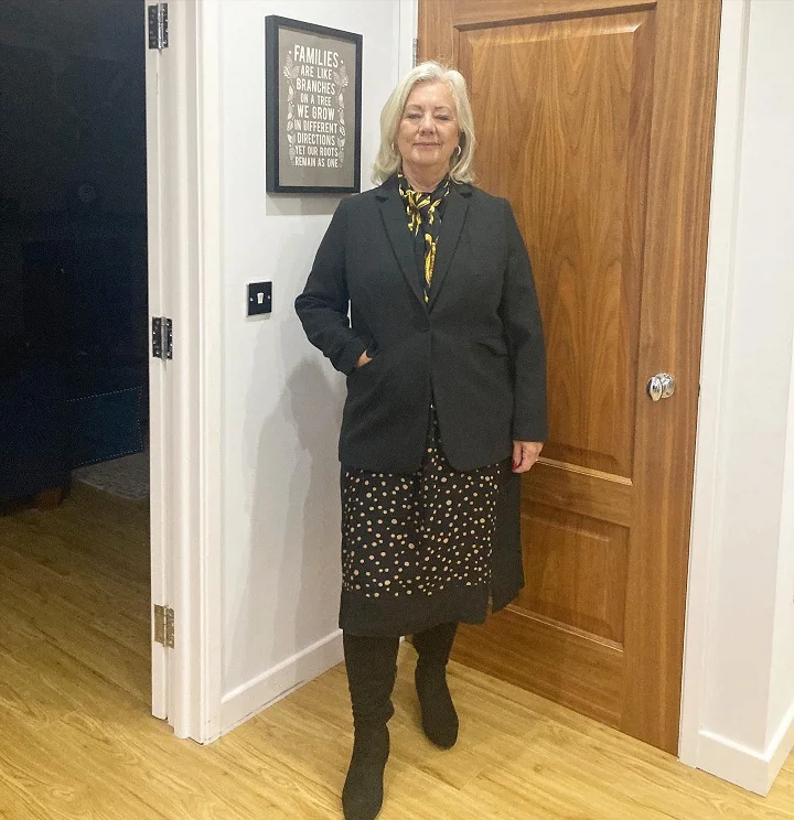 Tailored Blazer Over a Dotted Midi Skirt