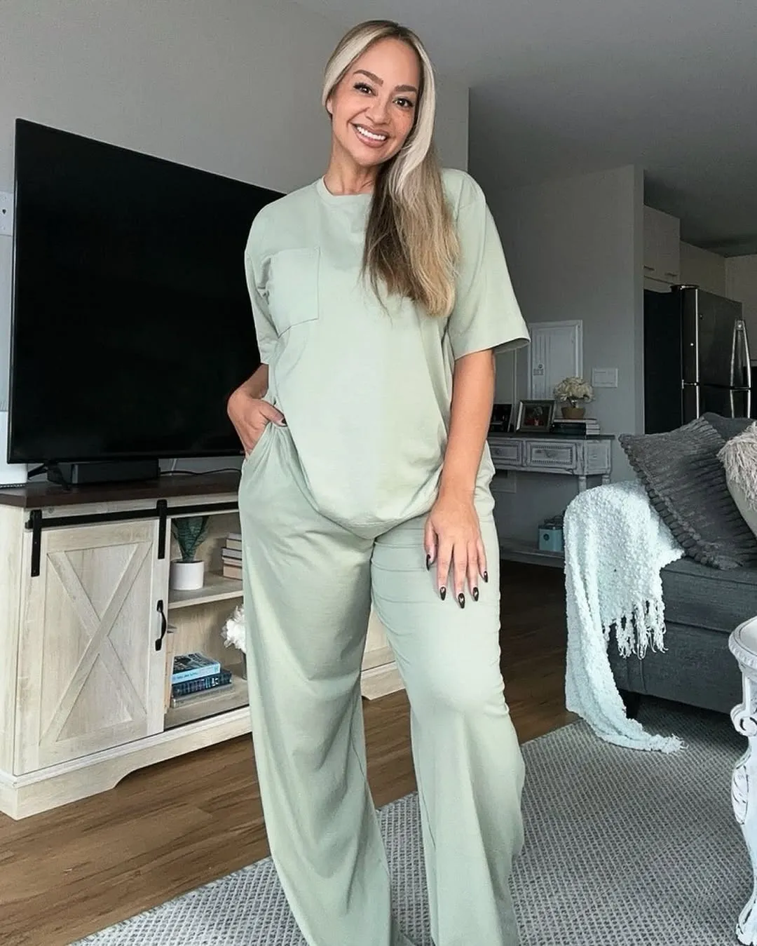 Elevated Pajamas for Women Over 40: 10 Sets You Can Answer the Door In 11 10. Sage Green Oversized Tee Pajama Set
