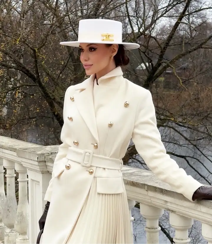 20 Quiet Luxury Outfits for Women Over 40 (Old Money Style, Real-Life Ready) 5 Cream Double-Breasted Coat Over a Pleated Skirt