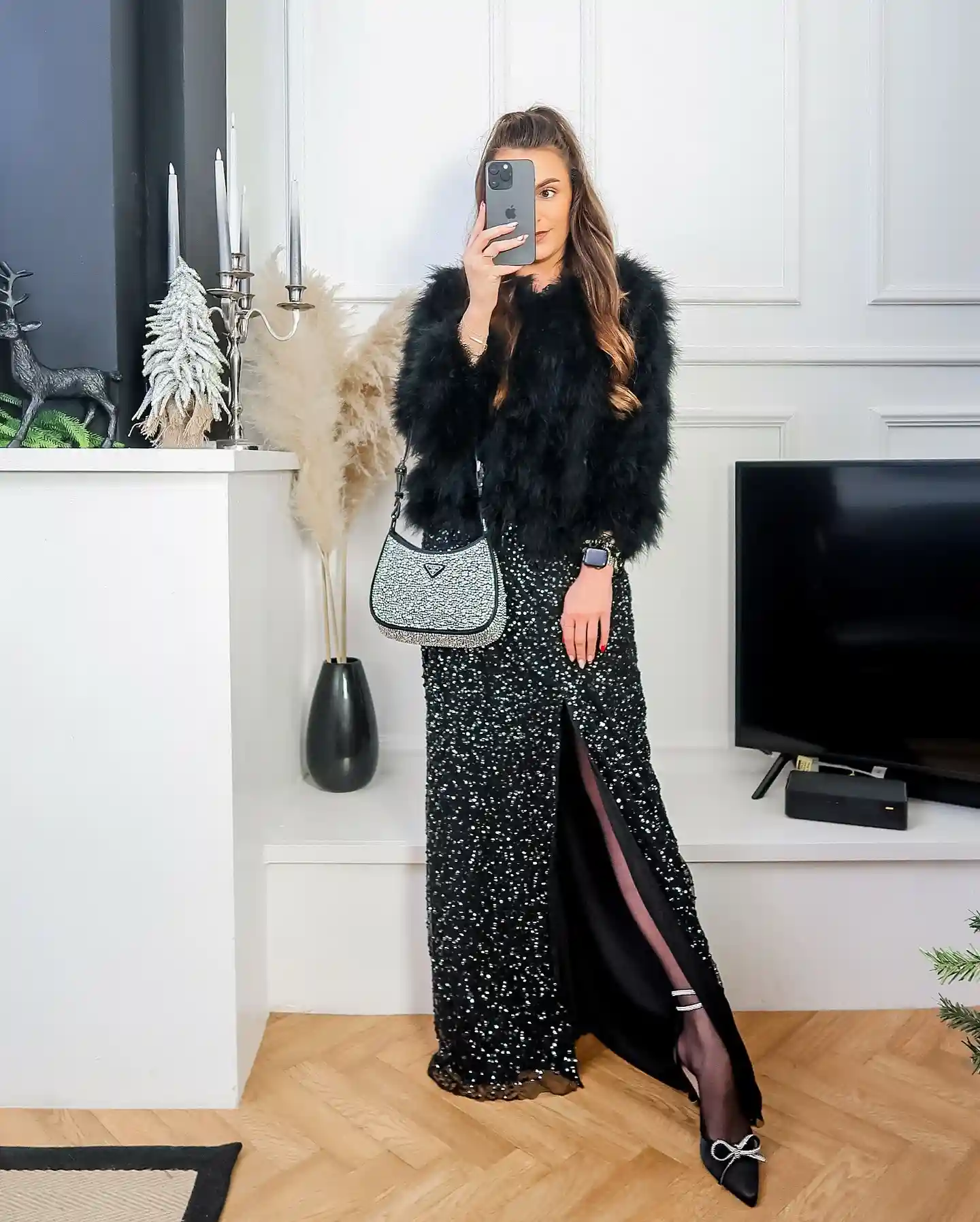 3. Sequin Gown with Feather Jacket