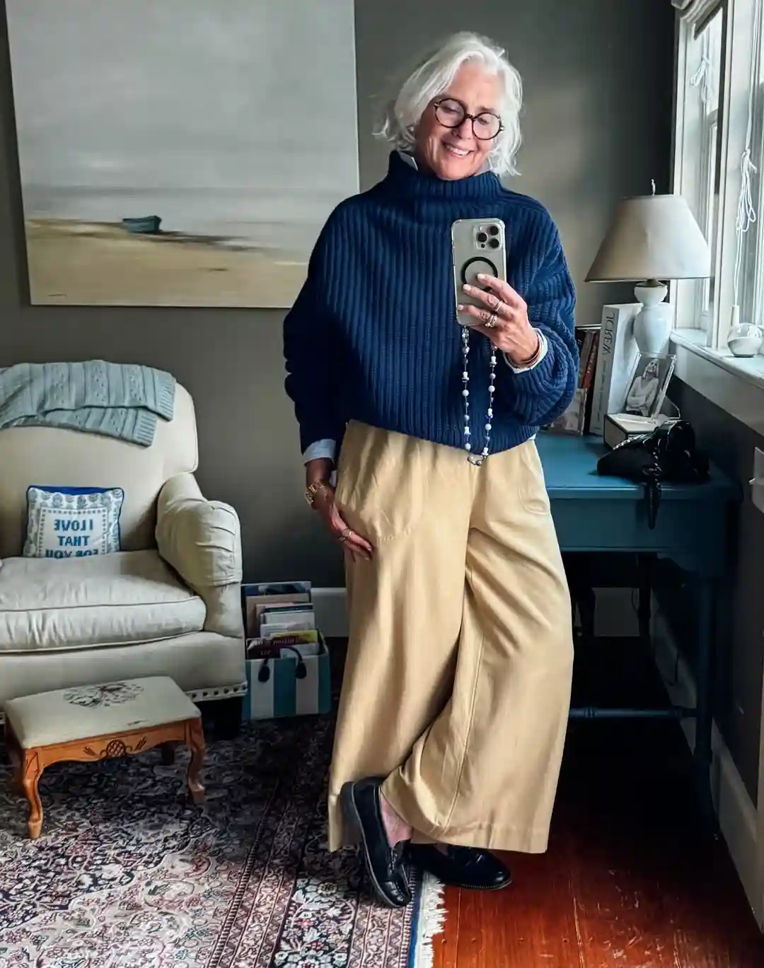 18. Navy Chunky Knit with Sand Wide Leg Trousers