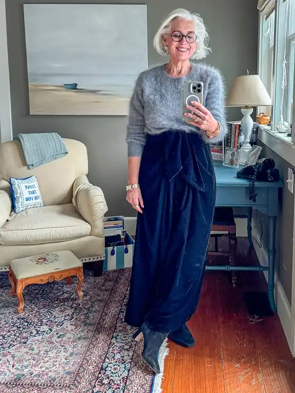 18 Retirement Party Outfits for Women Over 40 (Casual to Formal) 8 Fuzzy Gray Sweater and Navy Velvet Trousers