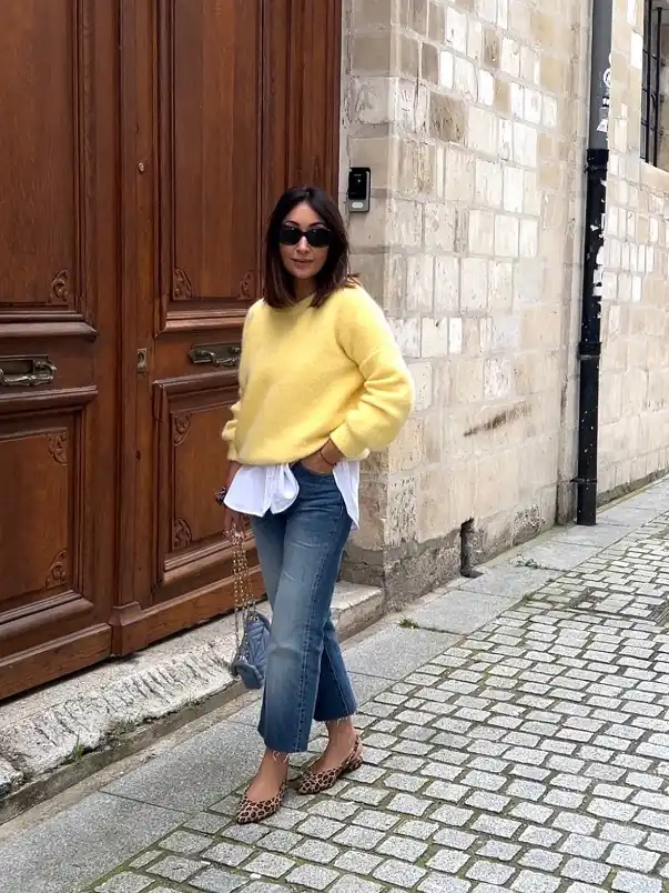 16 Spring Transitional Outfits Over 40 (Winter-to-Spring) 7 A Butter Yellow Sweater With Leopard Flats