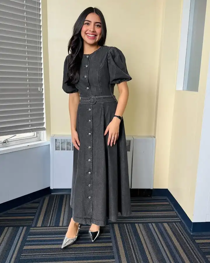 Washed Black Denim Midi Dress With Silver Buttons