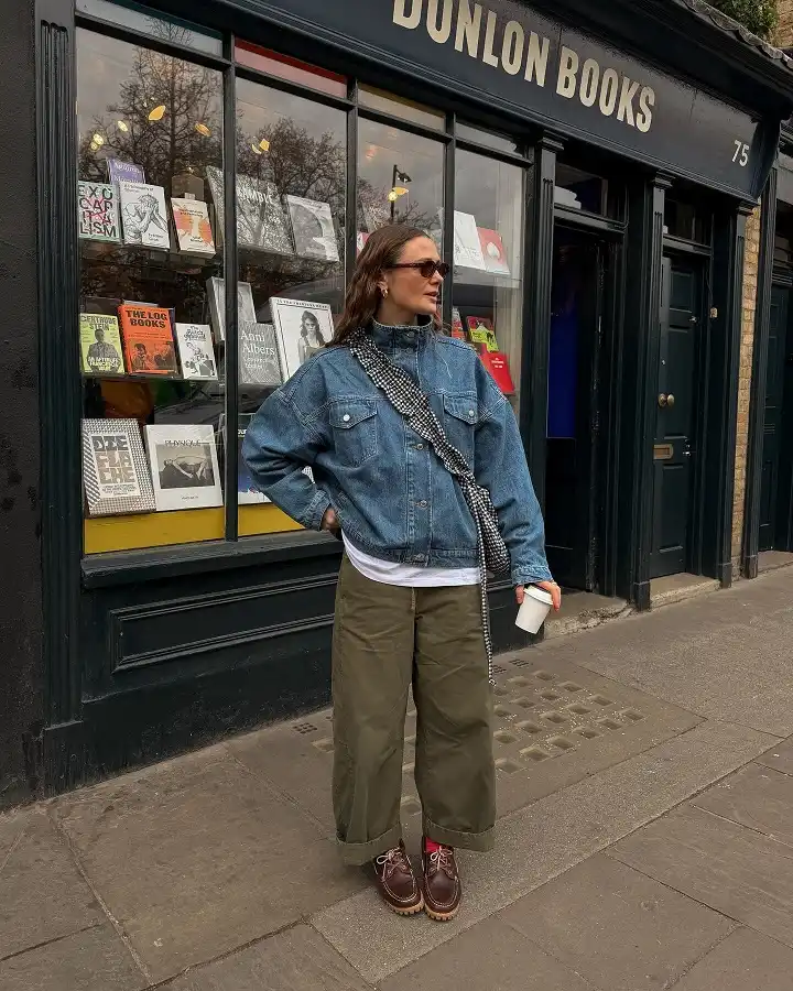 16 Spring Transitional Outfits Over 40 (Winter-to-Spring) 11 Olive Wide Trousers and a Boxy Denim Jacket