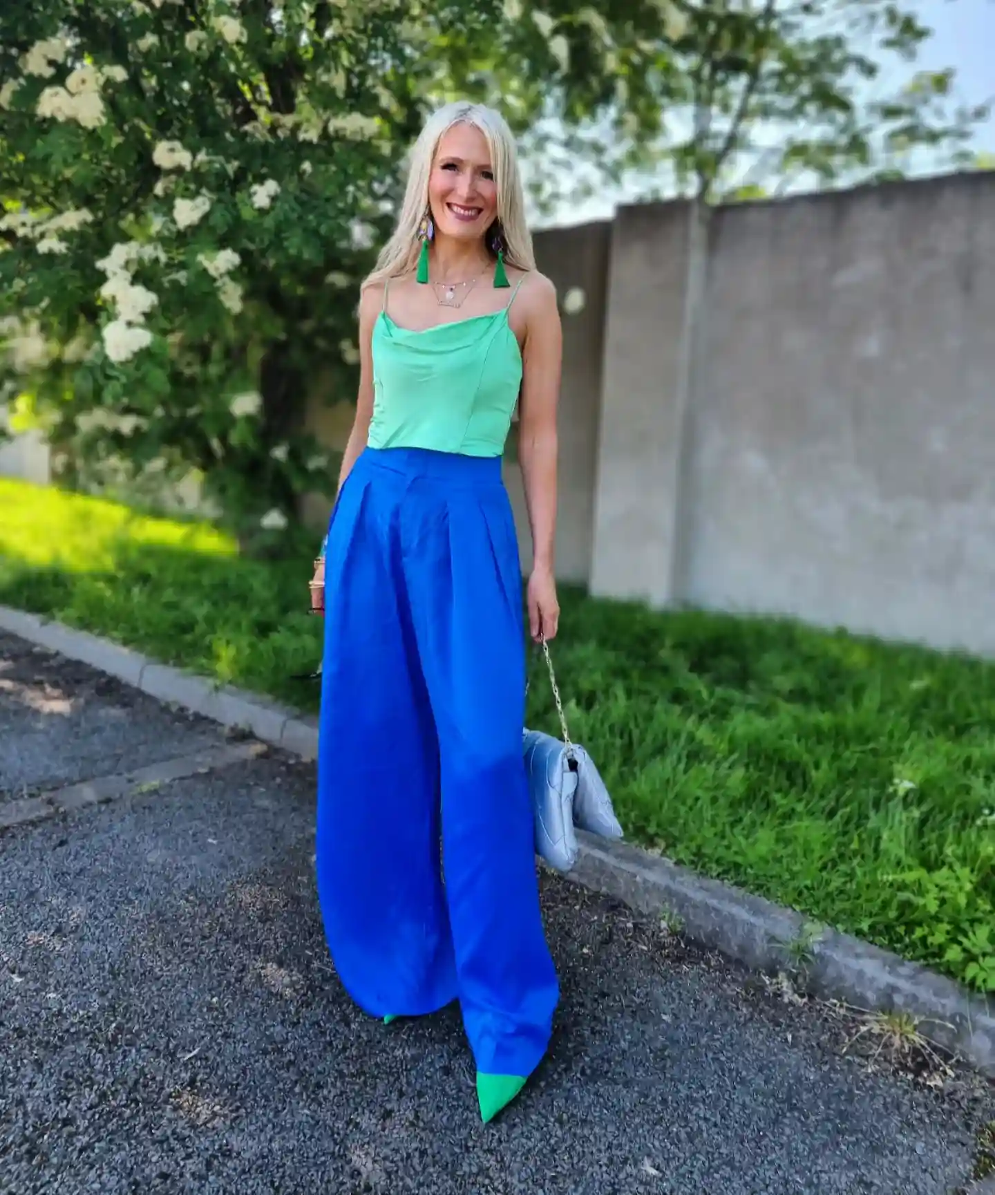 15. Green Cami with Cobalt Blue Wide Leg Trousers