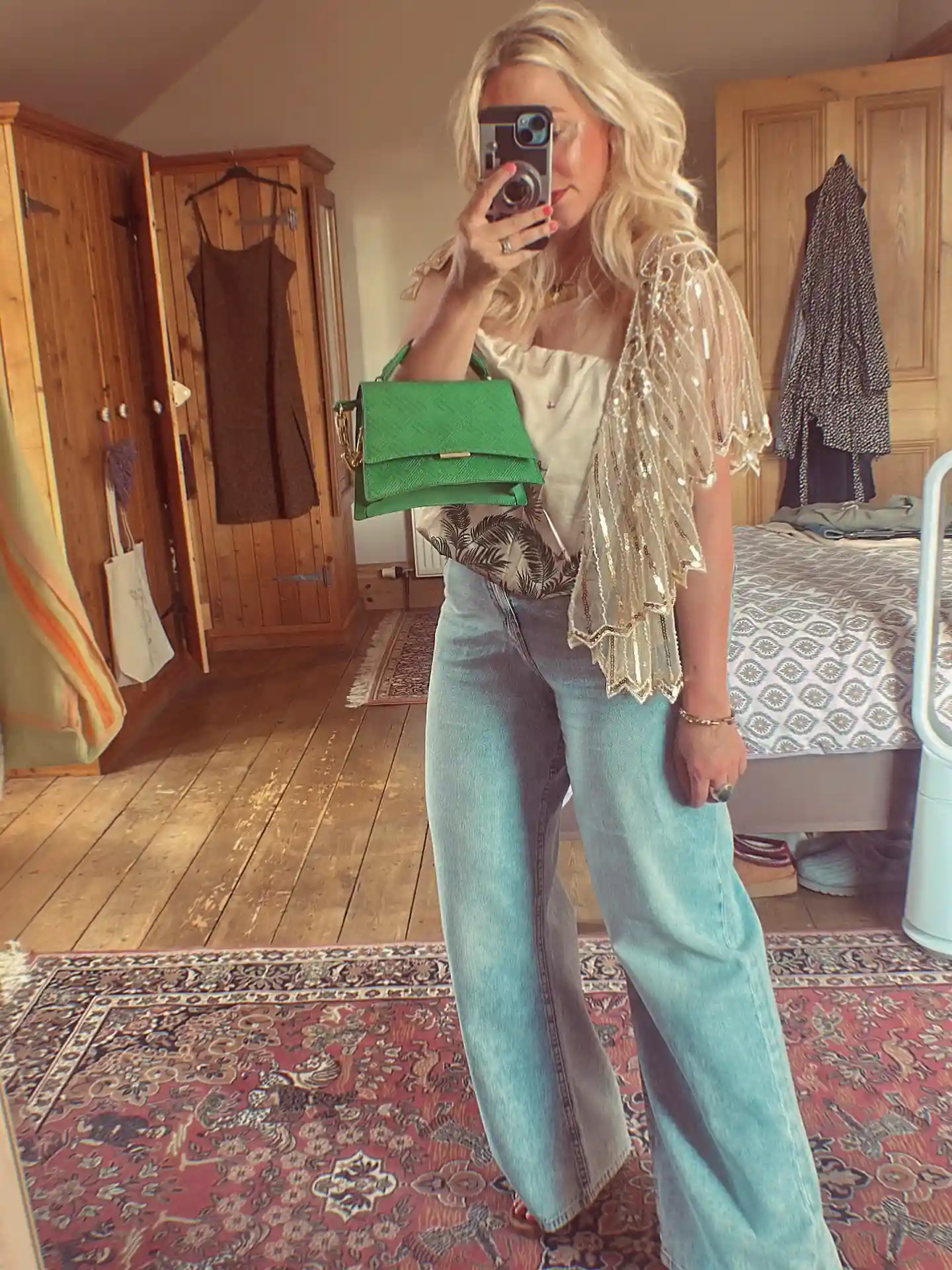 3. Sequin Kimono With Wide Leg Jeans