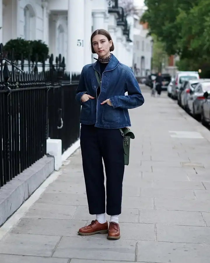 Denim Chore Jacket With Cropped Navy Trousers and Derby Shoes