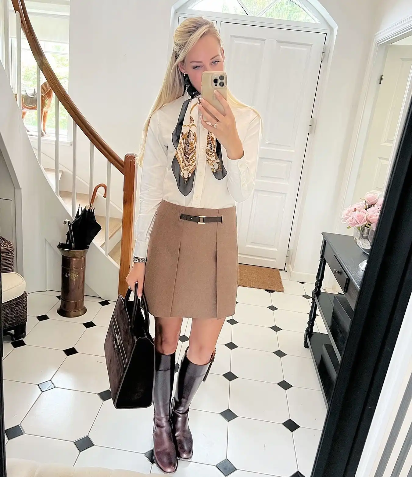 14 Knee-High Boot Outfits Over 40 15 14. A Silk Scarf Blouse Finished with Riding Style Boots
