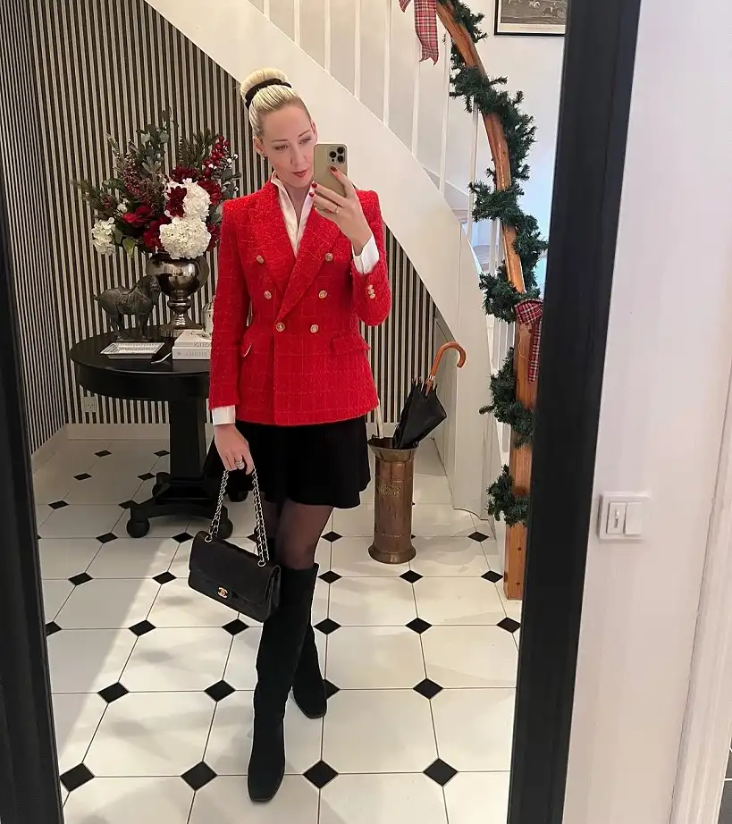 Red Tweed Blazer Over a Crisp White Shirt