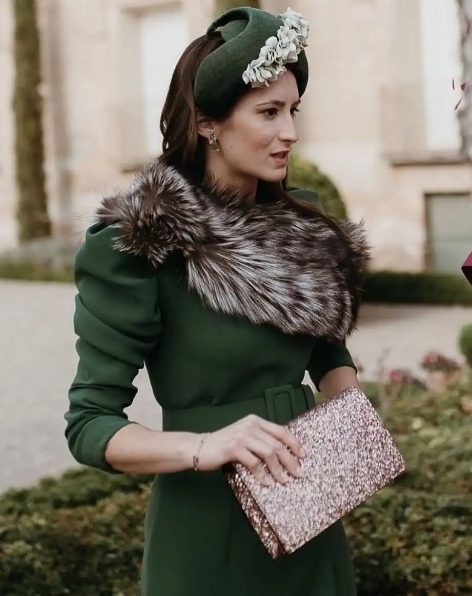 15 Winter Wedding Guest Outfits Over 40 That Handle the Cold 5 Forest Green Crepe Dress With Puff Shoulders