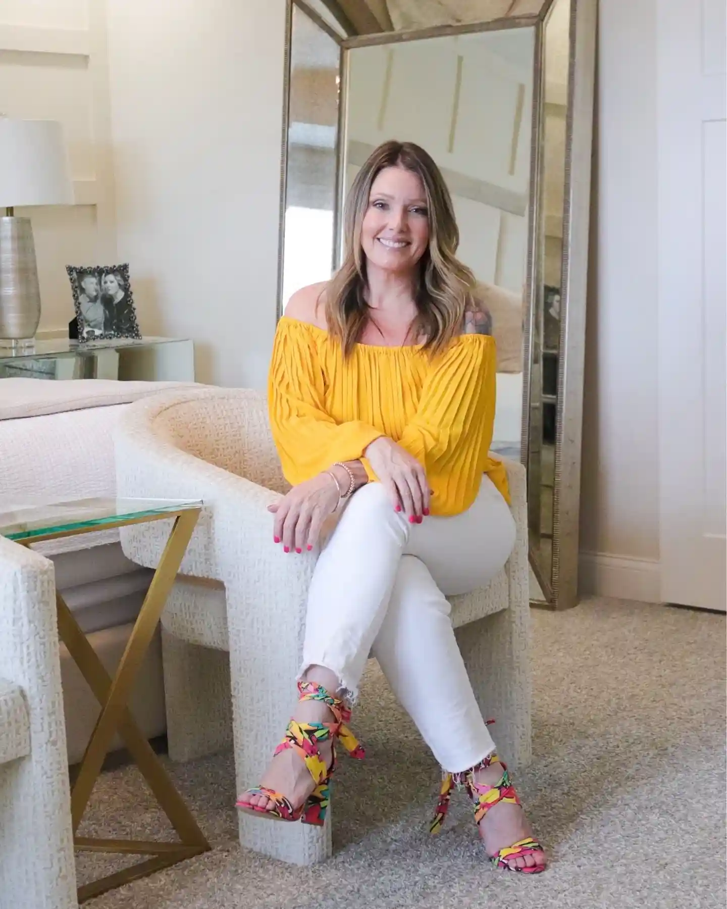 12. Off Shoulder Yellow Top With White Cropped Pants