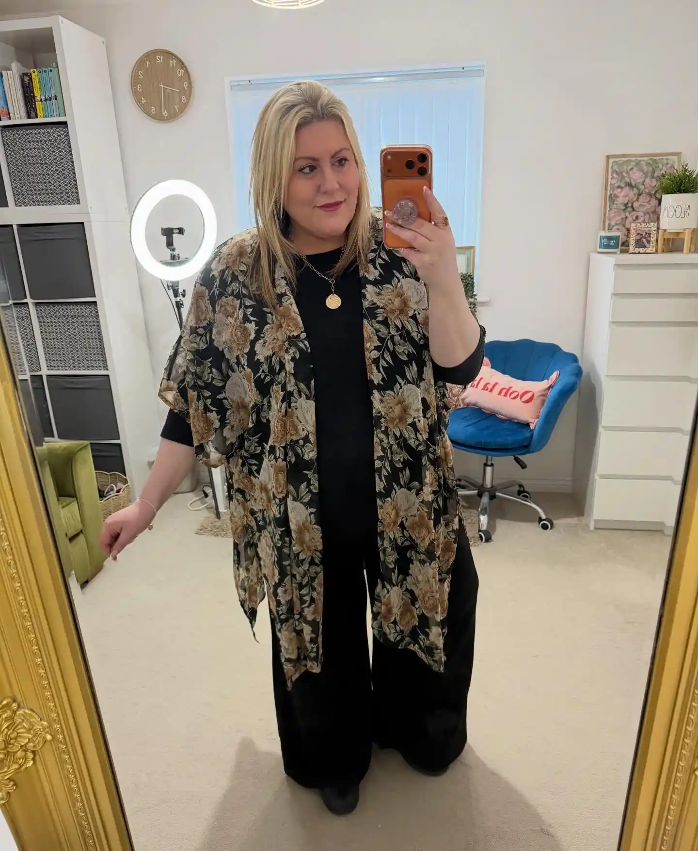 12. Floral Kimono Over Black Top and Wide Leg Pants