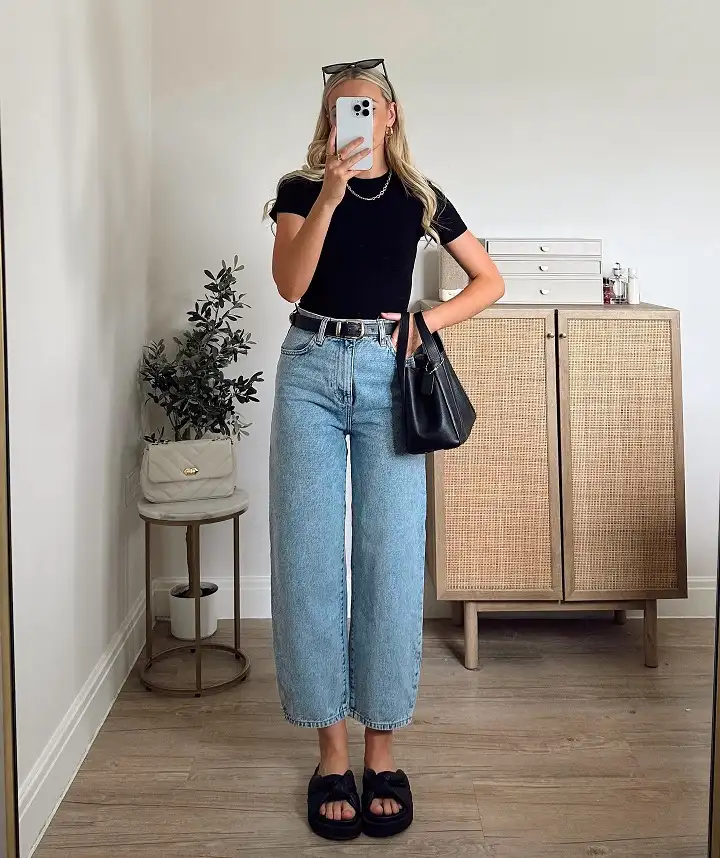 Fitted Black Tee with Light Barrel Jeans and Knot Sandals