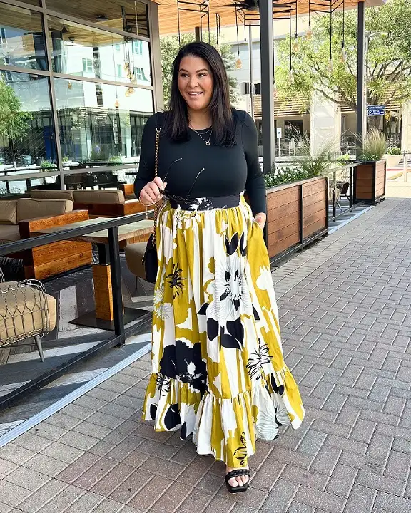 Bold Floral Maxi Skirt With a Black Fitted Top