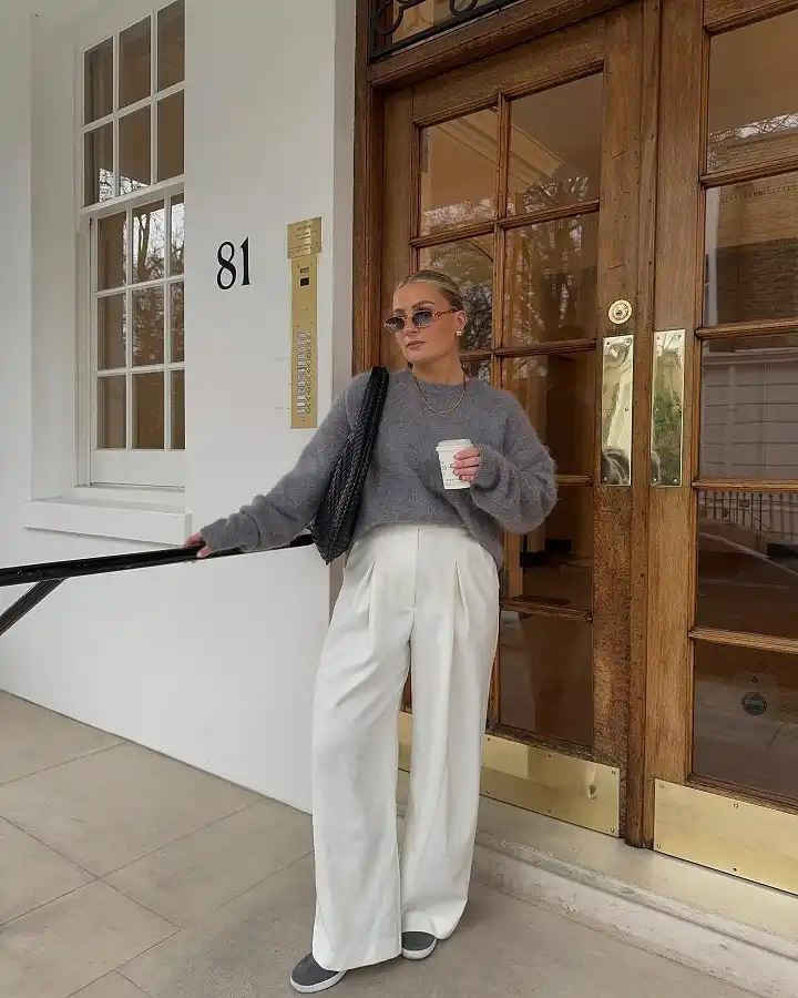 16 Spring Transitional Outfits Over 40 (Winter-to-Spring) 10 Fuzzy Grey Knit and Cream Trousers for Chilly Mornings