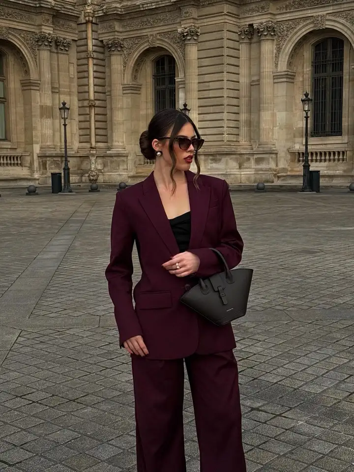20 Quiet Luxury Outfits for Women Over 40 (Old Money Style, Real-Life Ready) 12 Burgundy Pantsuit Worn as a Rich Neutral