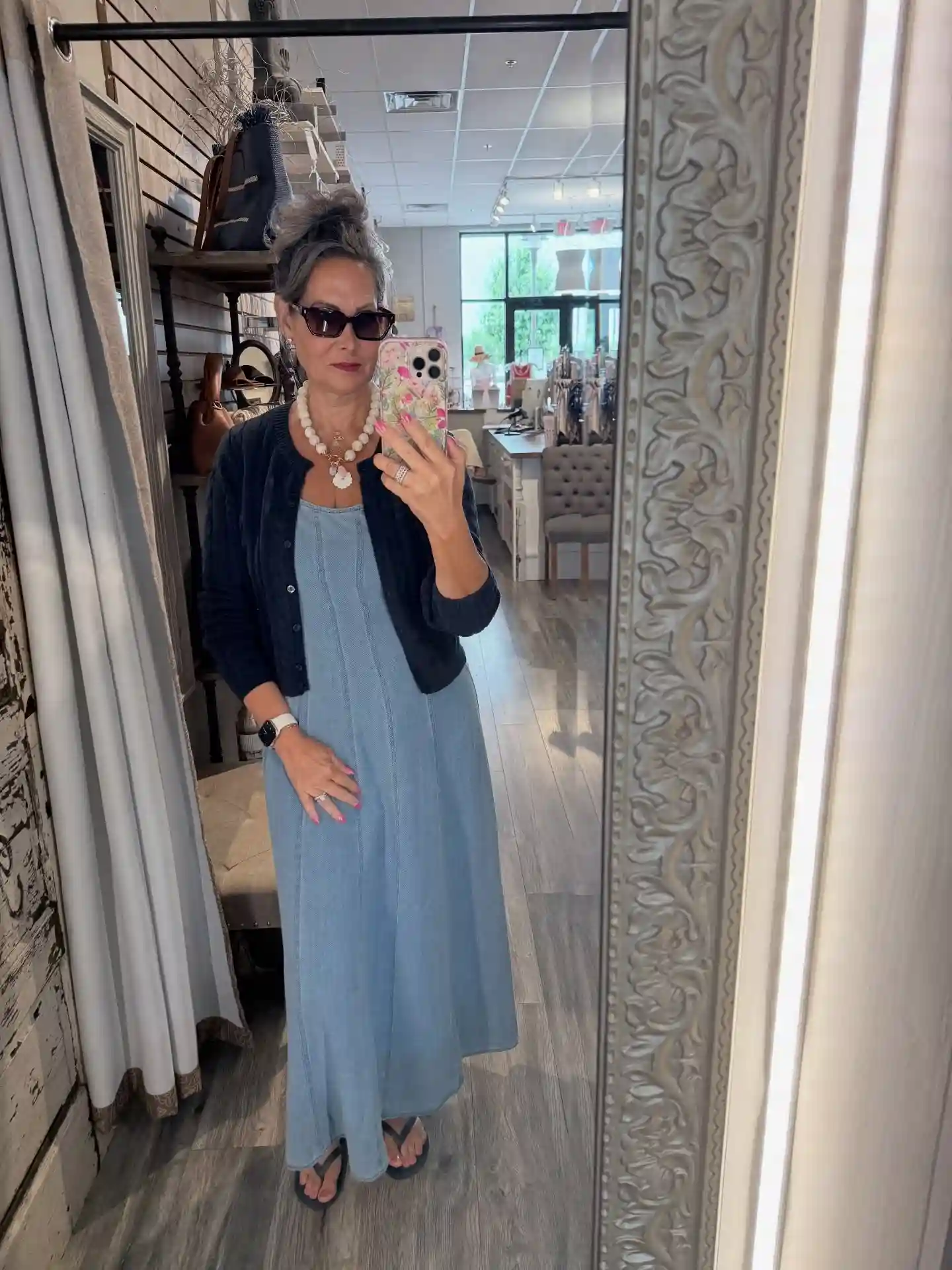 14. Denim Maxi Dress Made Winter Ready with a Navy Cardigan