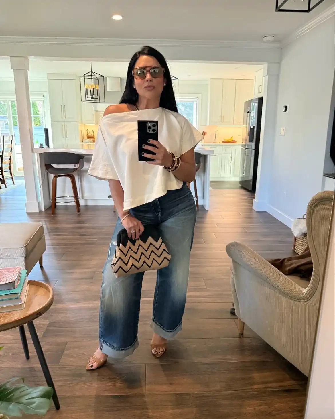 Modern Style: 20 Fall Outfits for Women Over 50 7 6. Off Shoulder Top with Cuffed Wide Jeans